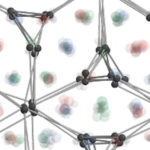 The structural illustration shows the triple-double-gyroid, a new crystal structure discovered by the researchers at Northwestern University, the University of Michigan and Argonne National Laboratory. It has never been found in nature or synthesized before. The translucent balls in red, green and blue show the positions of large nanoparticles. Each color represents a double-gyroid structure. The dark grey balls and sticks show the locations of the smaller, electron-like particles in one of three types of sites in which those particles appear. The formation of this new crystal structure is a result of the way electron-like nanoparticles control the number of neighbors around the larger nanoparticles. Credit: Sangmin Lee, Glotzer Group, University of Michigan
