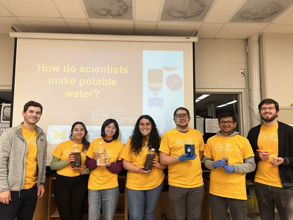 Kamcev Lab members preparing for the four rounds of demonstrations during FEMMES Winter 2023 Explore Capstone. From left to right: Jovan Kamcev, Lisby Santiago-Pagan, Jacquelyn Zamora, Carolina Espinoza, José Carlos Díaz, Harsh Patel, David Kitto, and Gregory Reimonn (not shown).