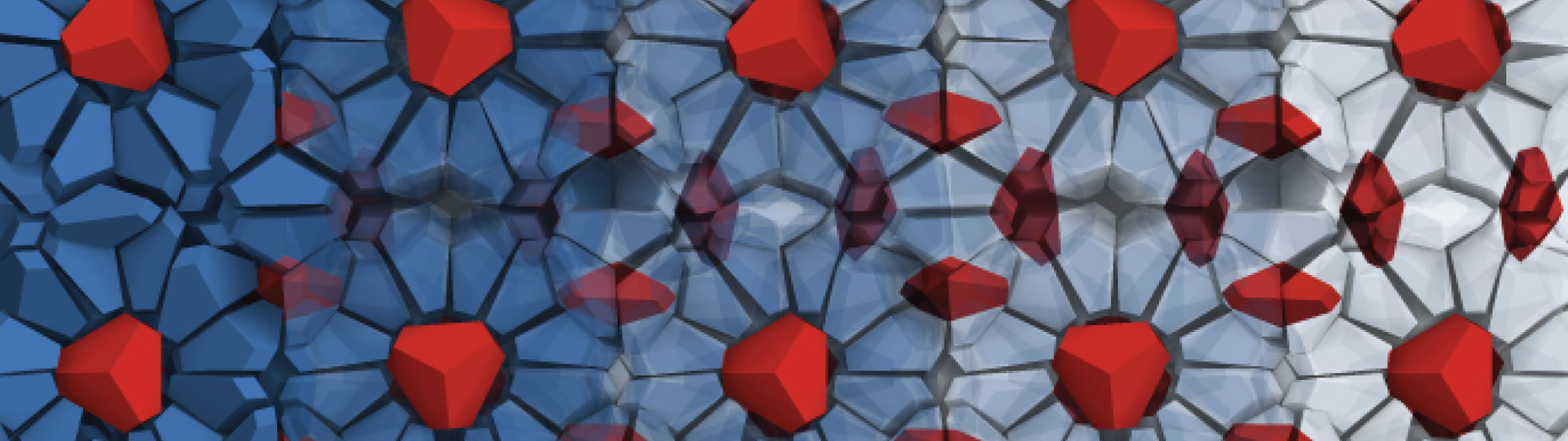 The cages of the host network of bipyramid particles are shown in blue on the left side, becoming increasingly transparent toward the right. The red bipyramid particles are guest particles, trapped in the cages of the clathrate structure