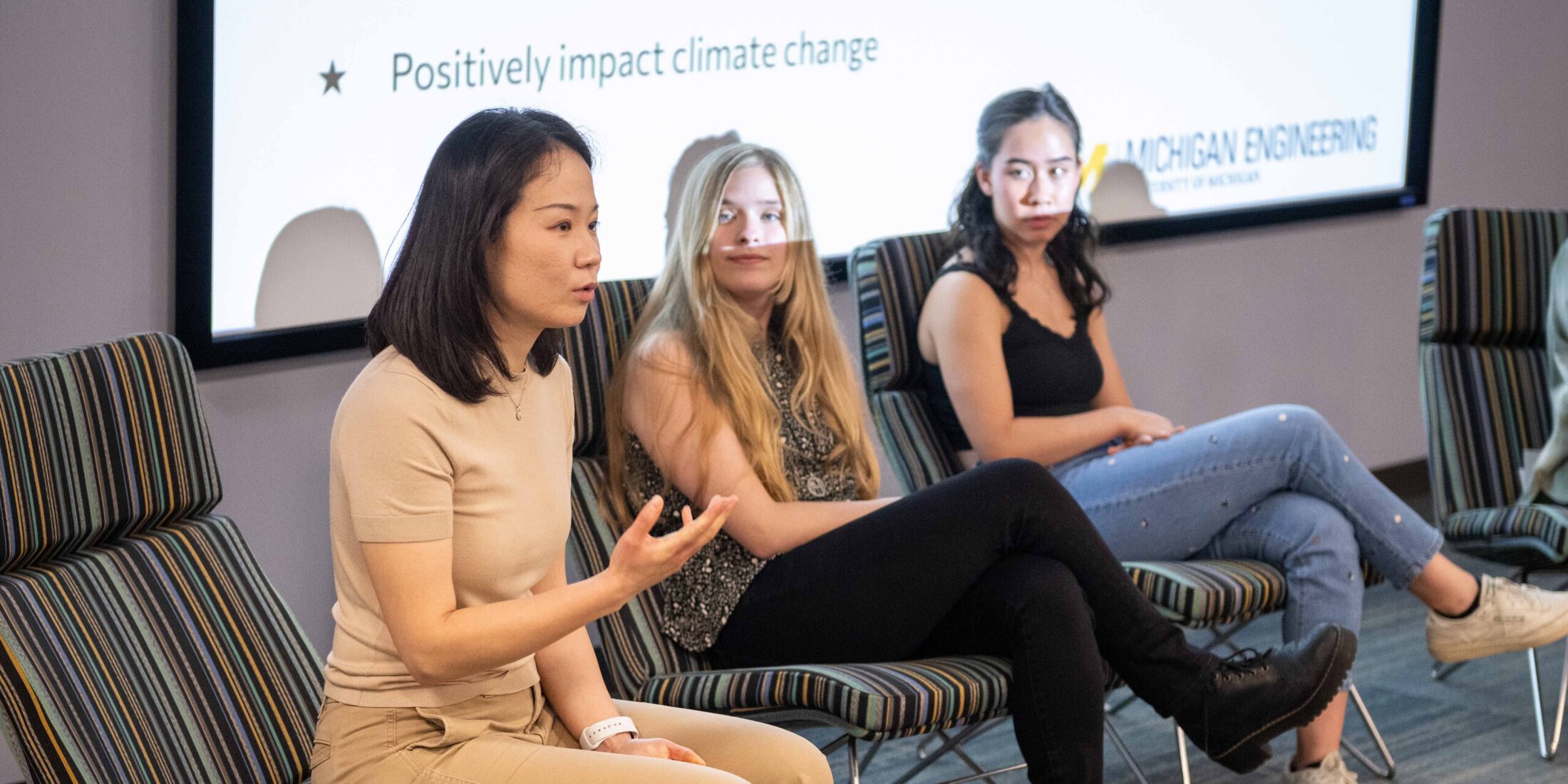 Xiwen Gong discusses women in STEM with panel of students.