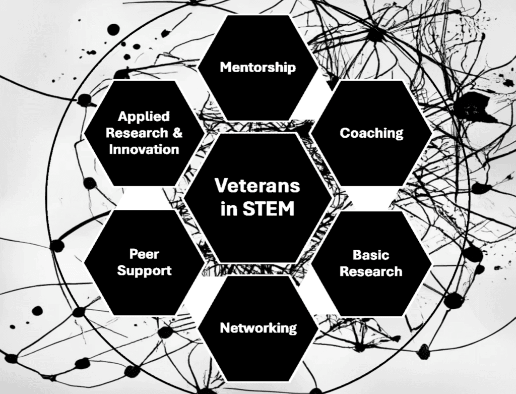 Veterans in STEM graphic with 7 hexagons.